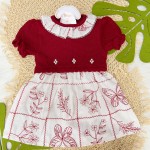 Natal 2024 - Vestido de Linha com Bordado de Plantinhas - Vermelho e Branco