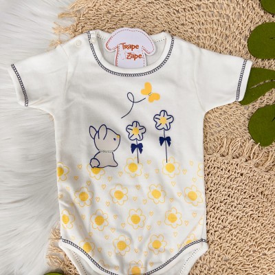 Conj. de Malha Coelhinho e Calça Capri com Margaridas -Off White e Azul Marinho