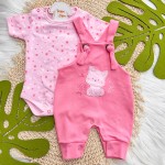 Conj. Jardineira com Gatinha e Body com Poá - Rose e Pink