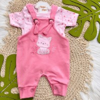 Conj. Jardineira com Gatinha e Body com Poá - Rose e Pink