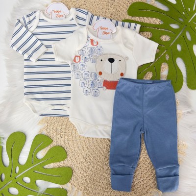  Conj. de Malha 3 Peças - Ursinho - Azul Jeans e Off White