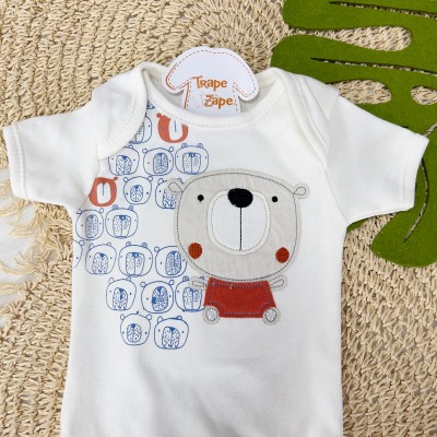  Conj. de Malha 3 Peças - Ursinho - Azul Jeans e Off White