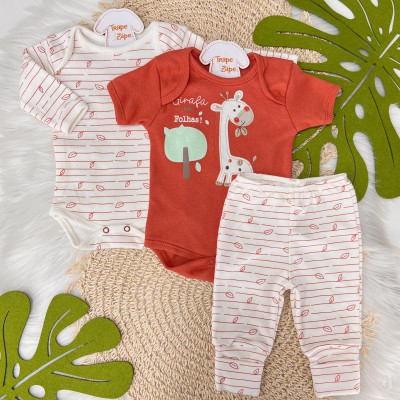 CONJ. DE MALHA 3 PEÇAS - Girafa come Folhas - Telha e Off White