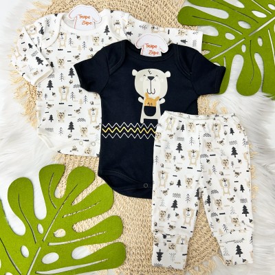  CONJ. DE MALHA 3 PEÇAS- Ursinho e Coelhinho - Preto e Off White