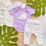 CONJ. DE MALHA 3 PEÇAS - Ursinha com Laço - Off White e Lilás
