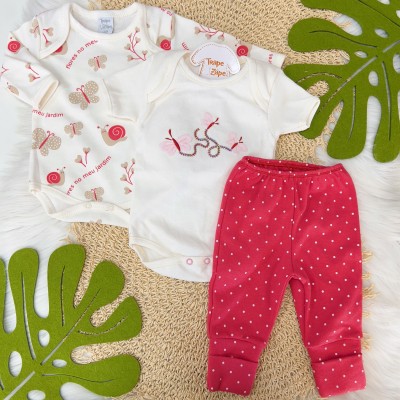  CONJ. DE MALHA 3 PEÇAS- Trio de Borboletas - Off White e Pink