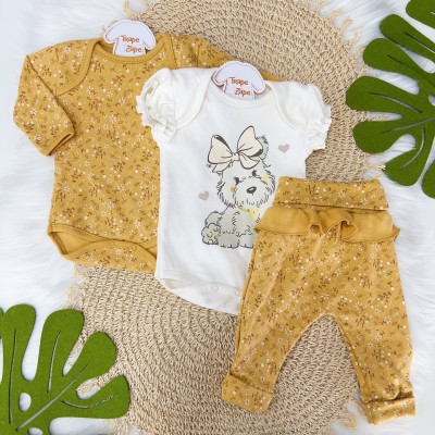  Conj. de Malha 3 peças Poodle com Lacinho Amarelo - Mostarda e Off White