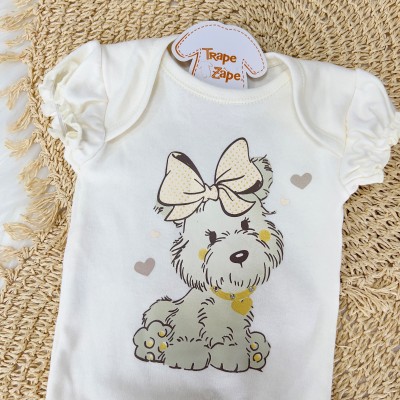  Conj. de Malha 3 peças Poodle com Lacinho Amarelo - Mostarda e Off White