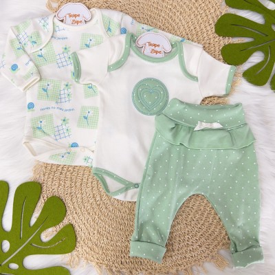 CONJ. DE MALHA 3 PEÇAS-Coração -Verde e Off White 