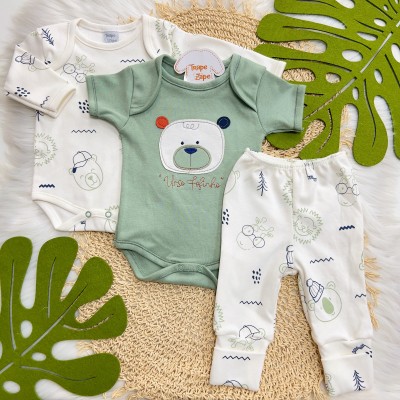 CONJ. DE MALHA 3 PEÇAS - Urso Fofinho - Verde e Off White