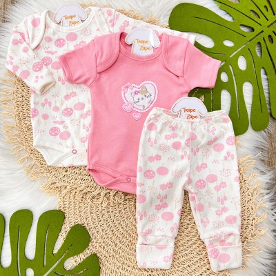 CONJ. DE MALHA 3 PEÇAS - Coração Gatinha - Rosa e Off White