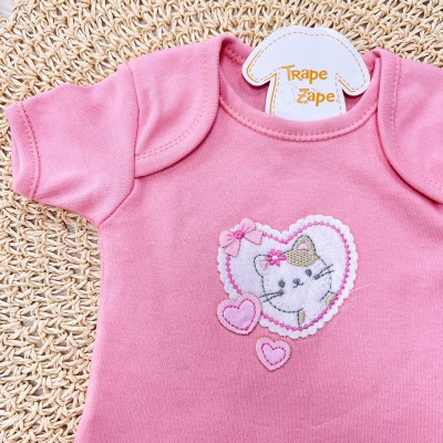 CONJ. DE MALHA 3 PEÇAS - Coração Gatinha - Rosa e Off White