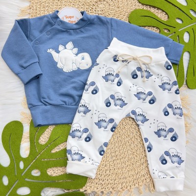 Conjunto de Moletom Trape Zape - Dino Baby Azul Jeans e Branco
