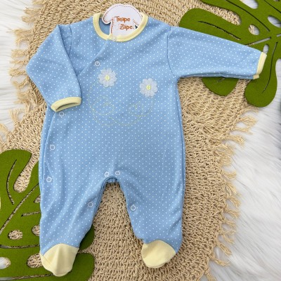 Macacão Trape Zape-Flores Branca com Poá Branco-Azul e Amarelo
