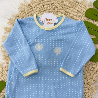 Macacão Trape Zape-Flores Branca com Poá Branco-Azul e Amarelo
