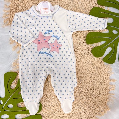 Macacão Trape Zape - Brilha Brilha Estrelinhas - Off White com Azul Jeans 