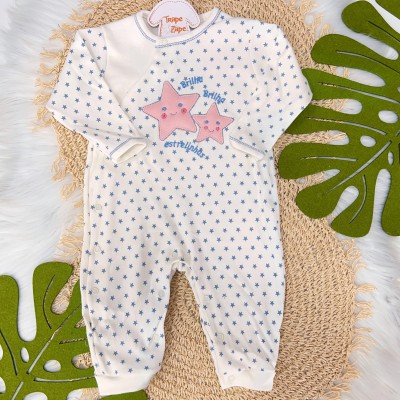 Macacão Trape Zape - Brilha Brilha Estrelinhas - Off White com Azul Jeans 