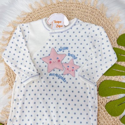 Macacão Trape Zape - Brilha Brilha Estrelinhas - Off White com Azul Jeans 