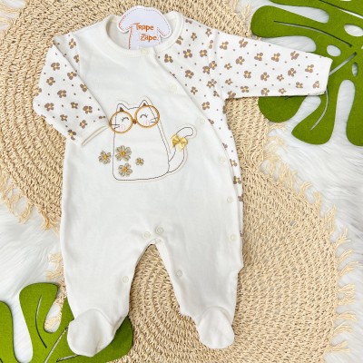 Macacão Trape Zape- Gatinha com Óculos - Off White com Flores Beges