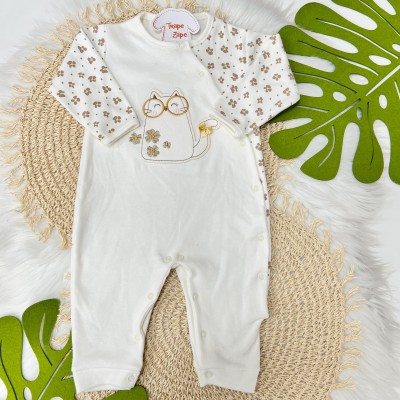 Macacão Trape Zape- Gatinha com Óculos - Off White com Flores Beges