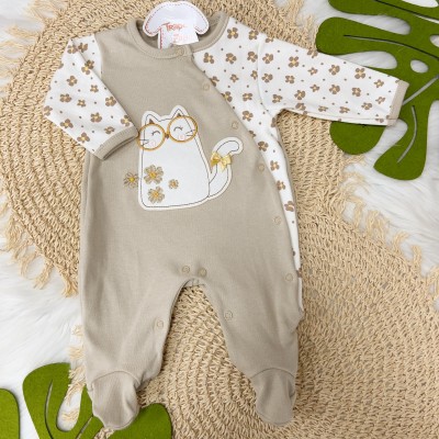Macacão Trape Zape-Gatinha com Óculos - Bege e Off White com Flores