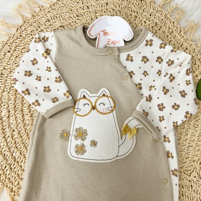 Macacão Trape Zape-Gatinha com Óculos - Bege e Off White com Flores
