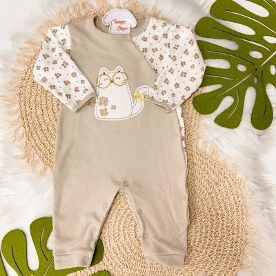 Macacão Trape Zape-Gatinha com Óculos - Bege e Off White com Flores
