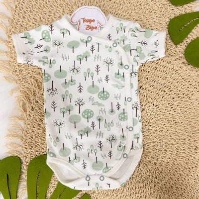   Body Kimono M/C Floresta Off White e Verde e Marrom