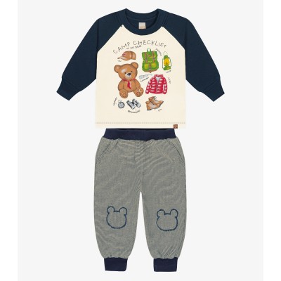  Conj. Blusa Manga Longa Camp Checklist e Calça Moletinho - Marinho