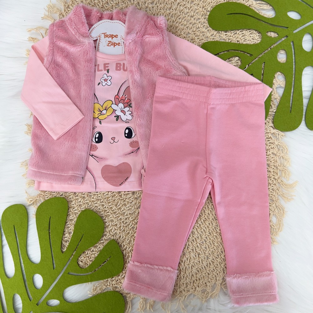 Inverno 24 -  Conj. Colete Pelinhos, Blusa Manga Longa Little Bunny e Calça - Rosa