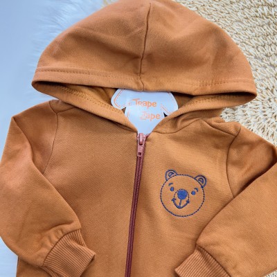 Conj. Jaqueta Urso com Capuz e Calça Ursos Coloridos - Marrom e Off White
