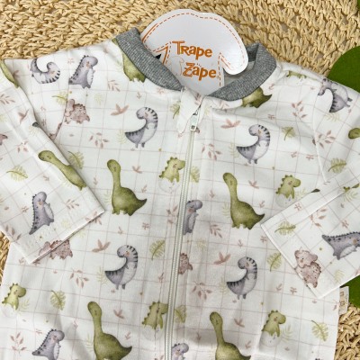 Macacão de Malha com Abertura em Zíper Dinos Babys - Off White e Mescla