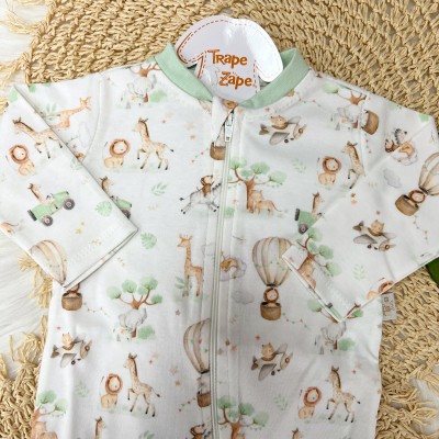Macacão de Malha com Abertura em Zíper Safari- Off White e Verde