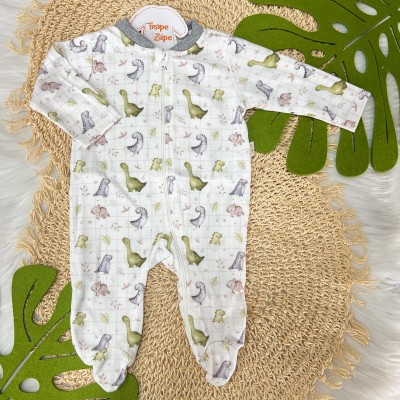 Macacão de Malha com Abertura em Zíper Dinos Babys - Off White e Mescla