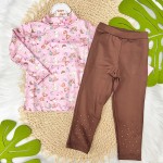 Inverno 24 - Conj. Blusa Térmica Bichinhos e Calça Legging com Strass - Rosa e Bordo 