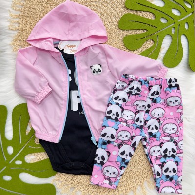 Inverno 24 - Conj. Jaqueta com Capuz, Body Panda Fofa e Calça - Preto