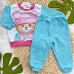 Inverno 24 - Conj. Blusa Ursinha de Gorro e Calça em Moletinho - Azul e Pink