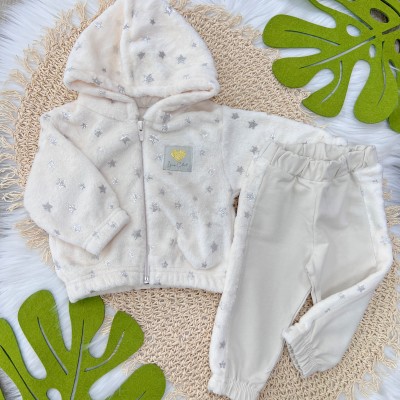 Conj. Jaqueta de Pelinho com Estrelinhas e Calça Moletinho - Off White e Prata
