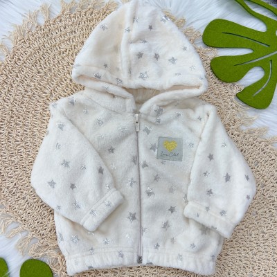 Conj. Jaqueta de Pelinho com Estrelinhas e Calça Moletinho - Off White e Prata