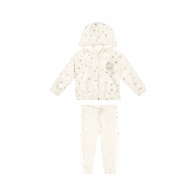 Conj. Jaqueta de Pelinho com Estrelinhas e Calça Moletinho - Off White e Prata