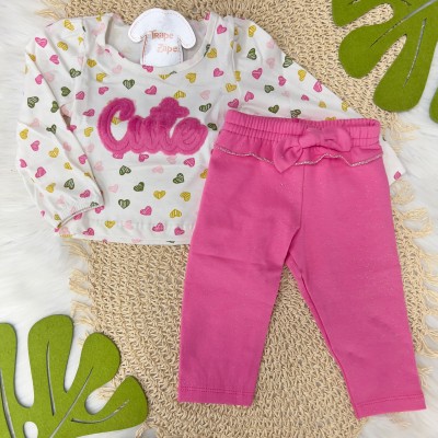  Conj. Blusa Manga Longa Cute e Calça Moletinho - Rosa e Off White