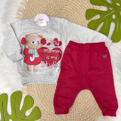 Conj. Blusa Manga Longa My Mommy is My Stylist e Calça em Moletinho - Mescla e Vermelho 