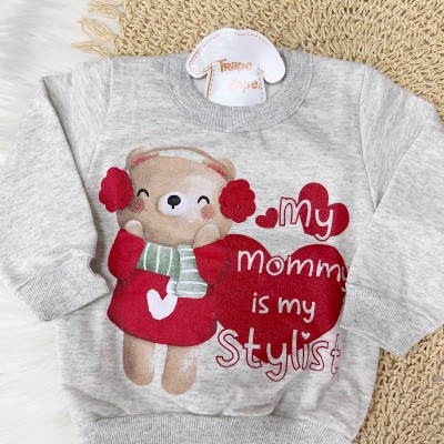 Conj. Blusa Manga Longa My Mommy is My Stylist e Calça em Moletinho - Mescla e Vermelho 