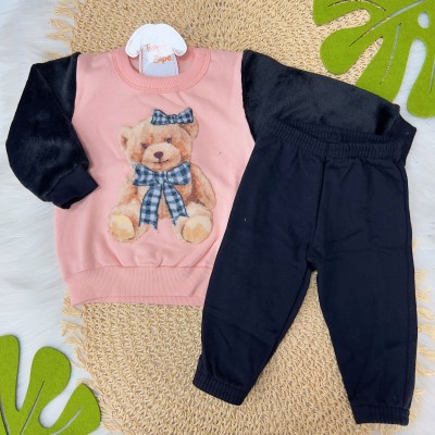  Blusa Ursinha com Manga Longa em Pelinho e Calça em Moletinho - Preto e Rosê