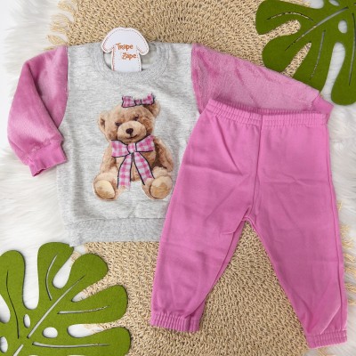  Blusa Ursinha com Manga Longa em Pelinho e Calça em Moletinho - Rosa e Mescla