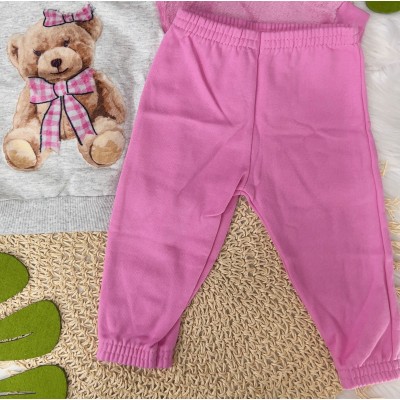  Blusa Ursinha com Manga Longa em Pelinho e Calça em Moletinho - Rosa e Mescla