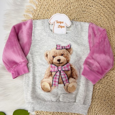  Blusa Ursinha com Manga Longa em Pelinho e Calça em Moletinho - Rosa e Mescla