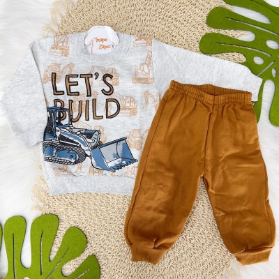 Inverno  - Blusa Manga Longa Let's Build e Calça em Moletom - Mescla e Ferrugem