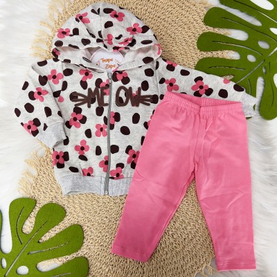 Conj. Jaqueta Meow com Capuz e Calça Legging - Mescla e Rosa