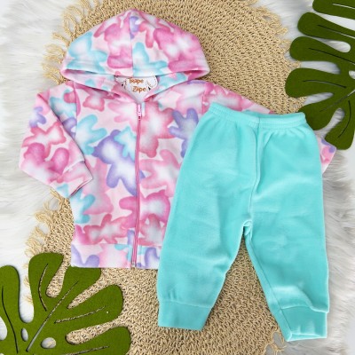 Conj. Jaqueta com Capuz Ursinhos Coloridos e Calça em Plush - Rosa e Verde Água
